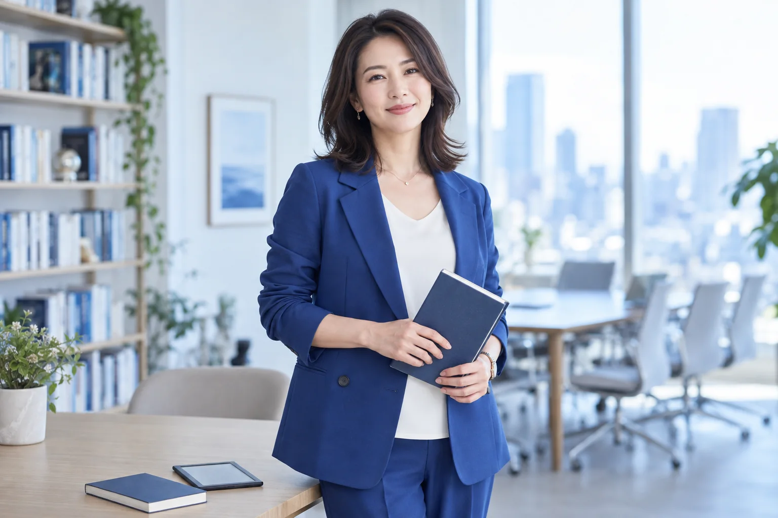 出版した本を手に明るいオフィスに立つ女性経営者