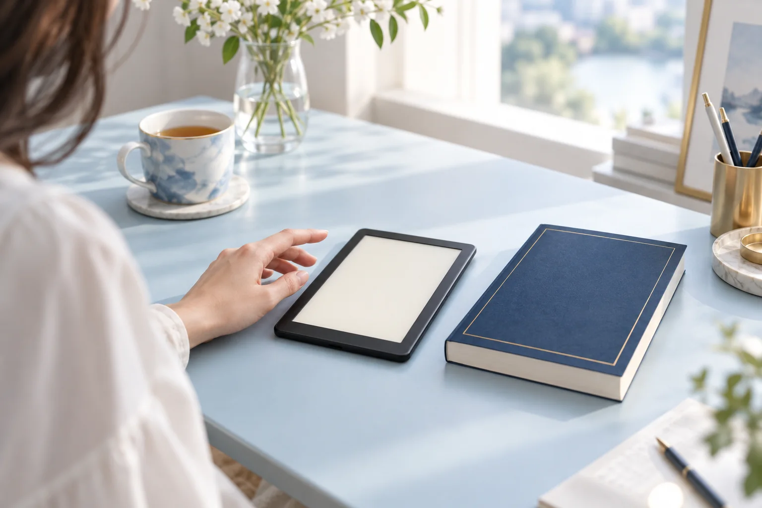電子書籍端末とネイビーの紙の本が並ぶ明るい机
