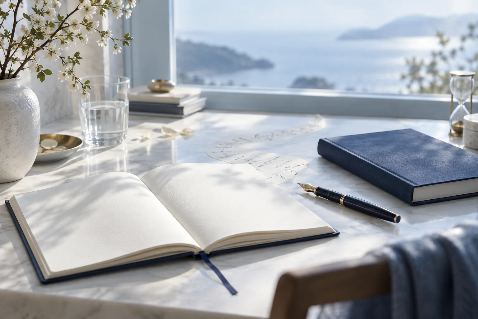 海を望む明るい机に開かれたノートと一冊の本