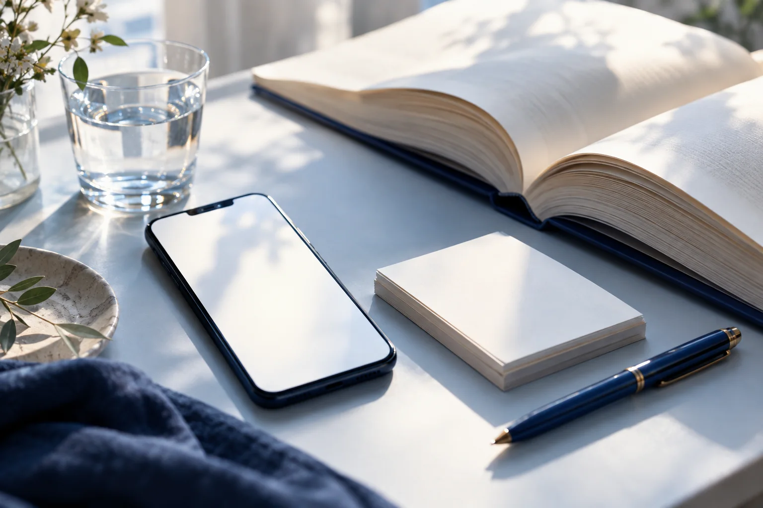 スマートフォンやカードのそばに広げられた一冊の本